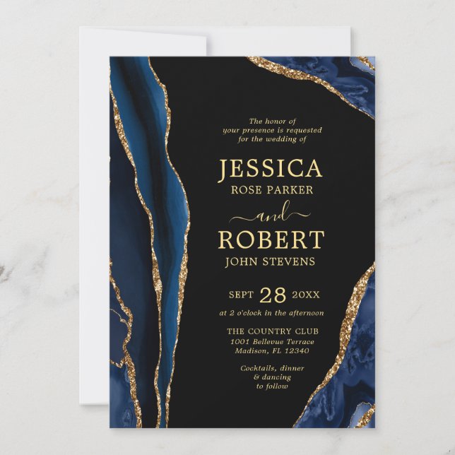 Navy Gold Agate Stone Wedding Invitation (Front)