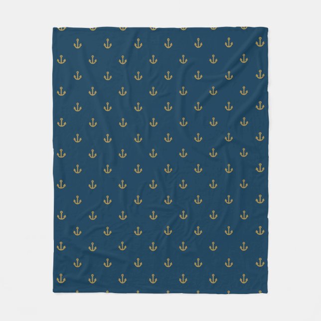 Navy Gold Anchor Pattern Fleece Blanket (Front)