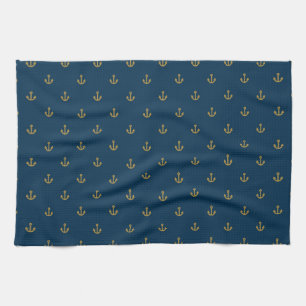Navy Gold Anchor Pattern Kitchen Towel