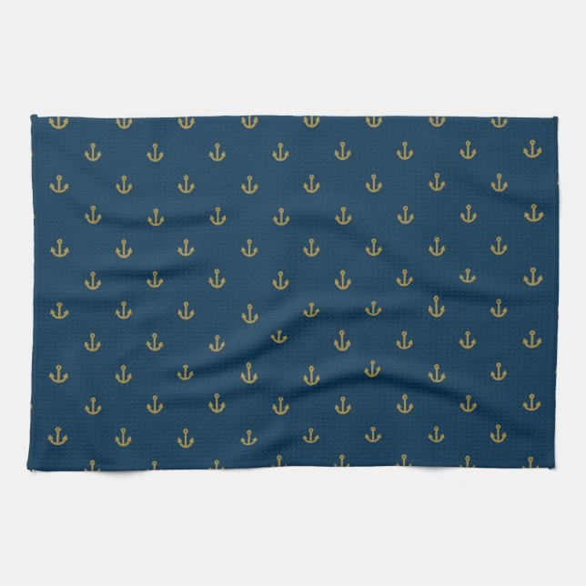 Navy Gold Anchor Pattern Kitchen Towel (Horizontal)