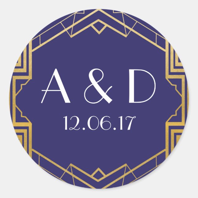 Navy & Gold Art Deco 1920's Round Stickers Label (Front)