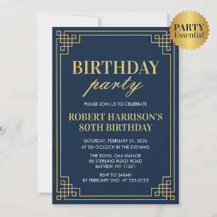 Navy Gold Art Deco 80th Birthday Party Invitation