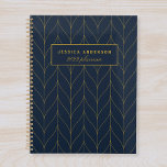 Navy Gold Art Deco Leaf Personalized Planner<br><div class="desc">Custom-designed personalized planner featuring modern and elegant golden leaves art deco pattern design. Personalize with your name for a modern and stylish planner notebook.</div>