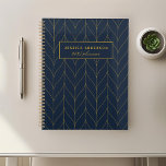 Navy Gold Art Deco Leaf Personalized Planner<br><div class="desc">Custom-designed personalized planner featuring modern and elegant golden leaves art deco pattern design. Personalize with your name for a modern and stylish planner notebook.</div>