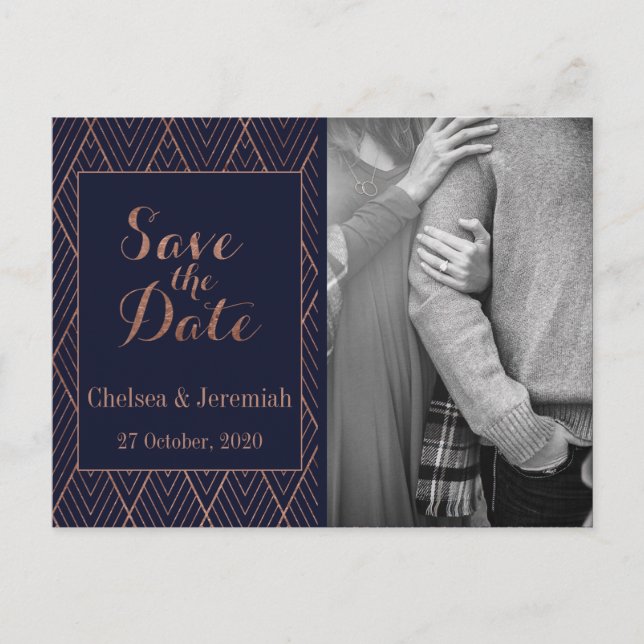 Navy Gold Art Deco Photo Save the Date Postcard (Front)