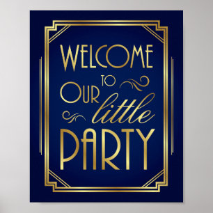 Navy Gold Art Deco WELCOME TO OUR LITTLE PARTY Poster