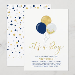 Navy & Gold Balloons   It's a Boy Baby Shower Invitation