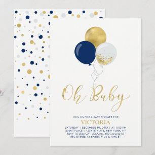 Navy & Gold Balloons   Oh Baby Boy Baby Shower Invitation