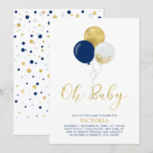 Navy & Gold Balloons   Oh Baby Boy Baby Shower Invitation