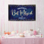Navy Gold Bat Mitzvah Modern Foil Glitter Script Banner<br><div class="desc">Be proud, rejoice and showcase this milestone of your favourite Bat Mitzvah! Hang up this stunning, modern, stylish, personalized banner to add to her special day. Sparkly, faux gold foil calligraphy script and confetti glitter dots overlay a sophisticated, dramatic navy blue watercolor background. Personalize the custom text with your Bat...</div>