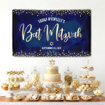 Navy Gold Bat Mitzvah Modern Foil Glitter Script Banner<br><div class="desc">Be proud, rejoice and showcase this milestone of your favourite Bat Mitzvah! Hang up this stunning, modern, stylish, personalized banner to add to her special day. Sparkly, faux gold foil calligraphy script and confetti glitter dots overlay a sophisticated, dramatic navy blue watercolor background. Personalize the custom text with your Bat...</div>