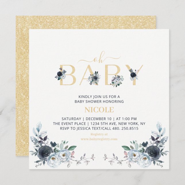 Navy & Gold Boho Floral Baby Shower Square Invitation (Front/Back)