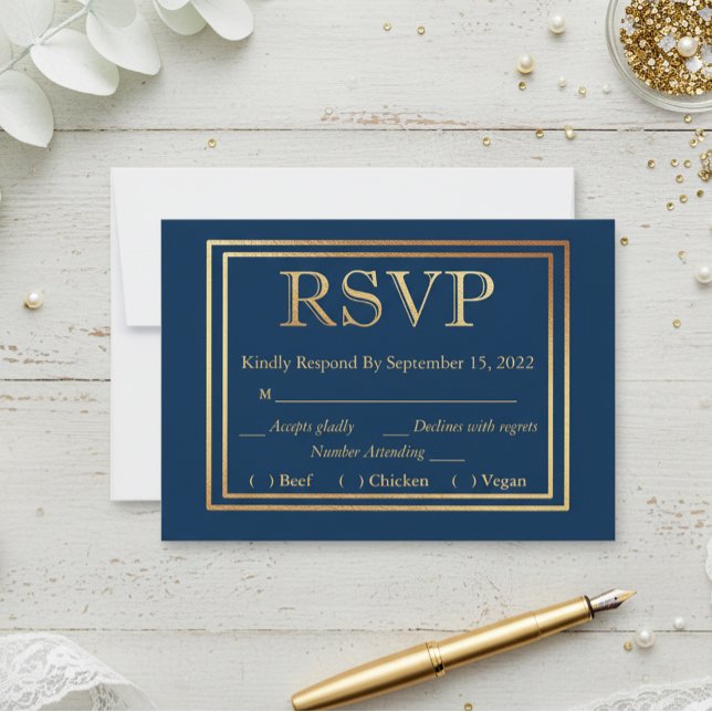 Navy Gold Border RSVP Wedding Simple Meal Choice (Creator Uploaded)