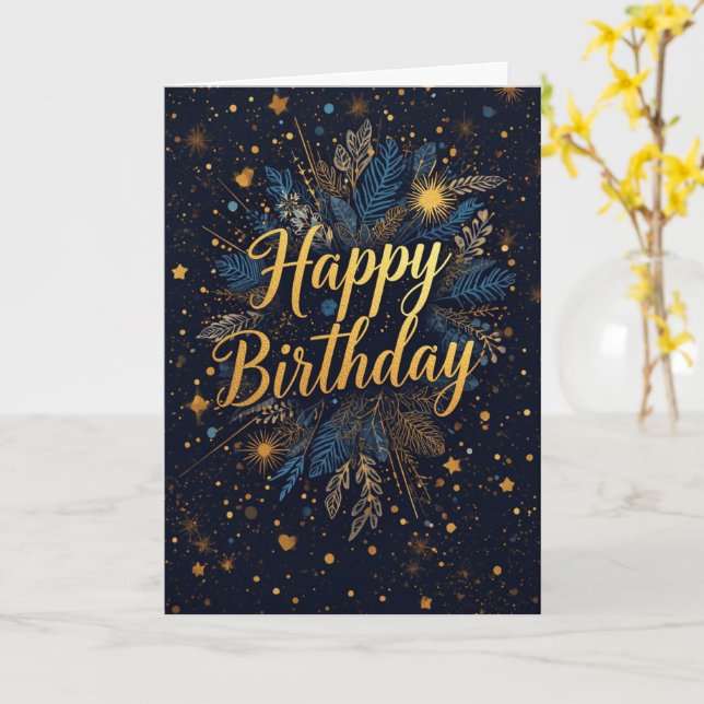 Navy Gold Botanical Birthday Card (Yellow Flower)