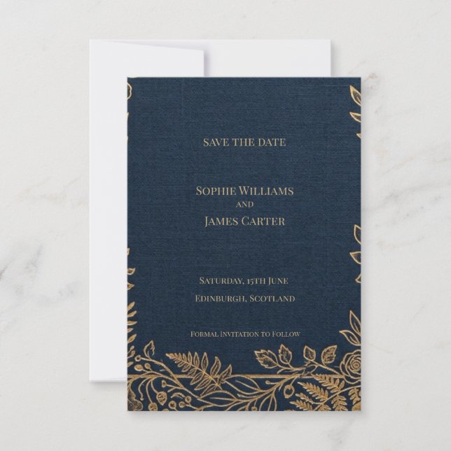 Navy Gold Botanical Save the Date Card (Front)