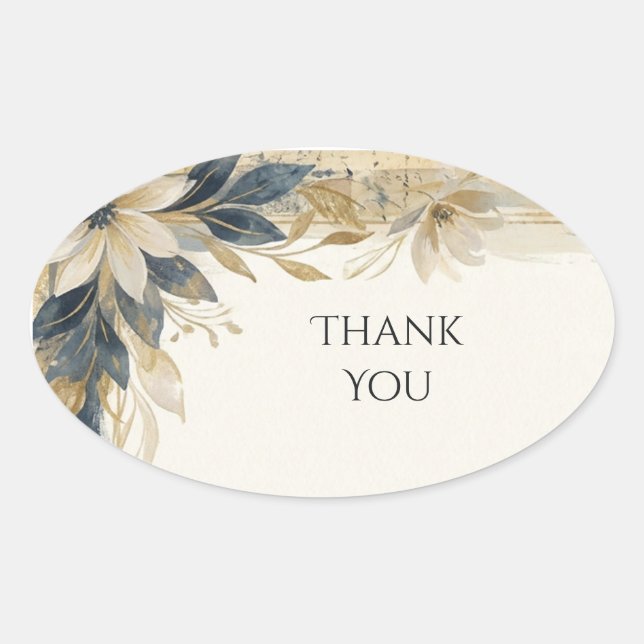 Navy Gold Botanical Thank You Oval Sticker (Front)