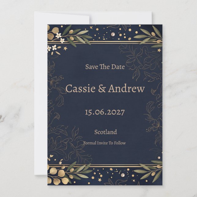 Navy Gold Botanical Wedding Save The Date (Front)