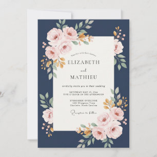Navy Gold Bouquet Eucalyptus Wedding Invitation