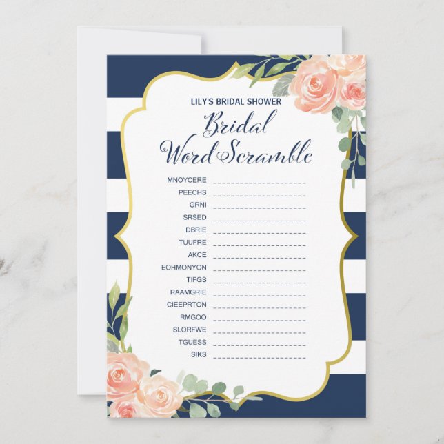 Navy Gold Bridal Shower Scramble Games Size Invitation (Front)