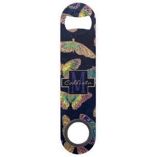 Navy Gold Butterflies Glitter Watercolor Monogram Bar Key