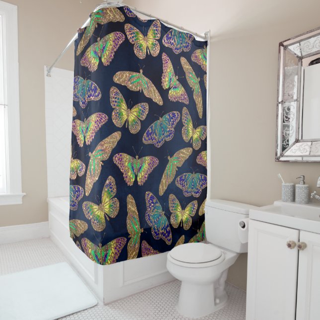 Navy Gold Butterflies Glitter Watercolor Pattern (In Situ)