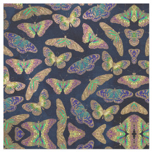 Navy Gold Butterflies Glitter Watercolor Pattern Fabric