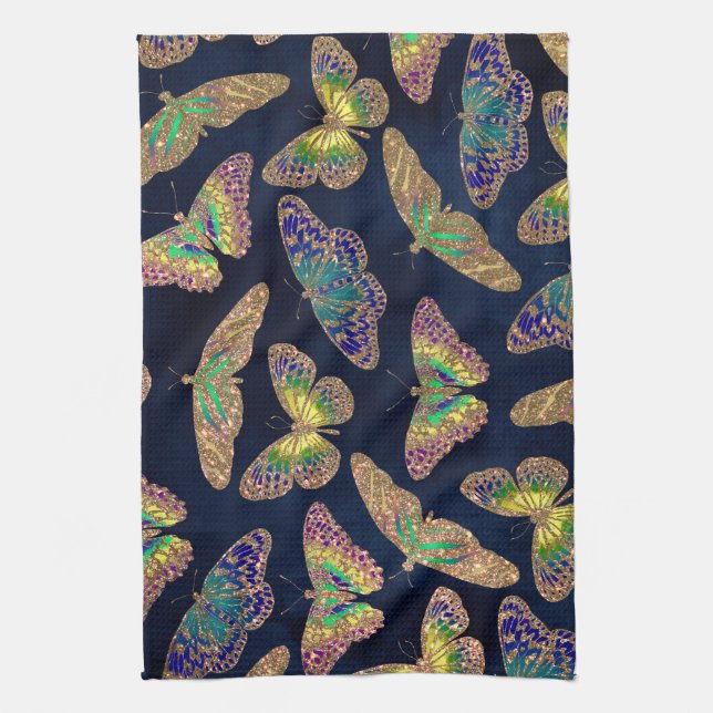 Navy Gold Butterflies Glitter Watercolor Pattern Kitchen Towel (Vertical)