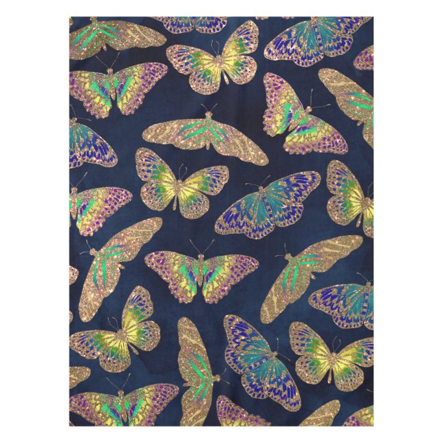 Navy Gold Butterflies Glitter Watercolor Pattern Tablecloth (Front)