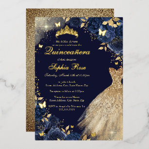 Navy Gold Butterfly Floral Dress Quinceanera