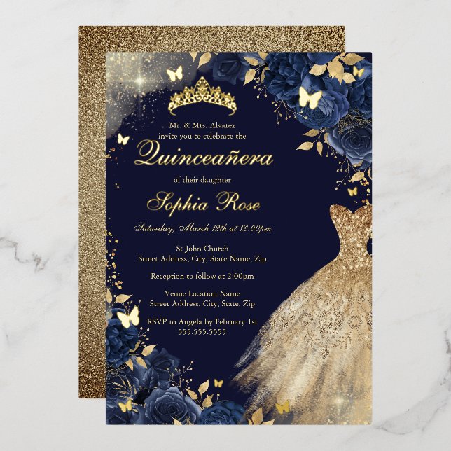 Navy Gold Butterfly Floral Dress Quinceanera (Front/Back)