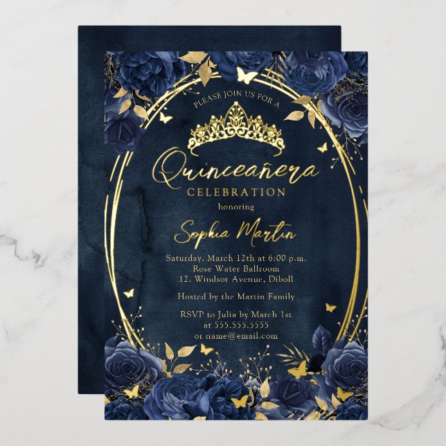 Navy Gold Captivating Floral Butterfly Quinceanera (Front/Back)