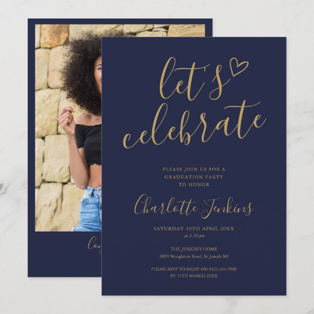 Navy Gold Celebrate Script Photo Graduation Party Invitation (Front/Back)