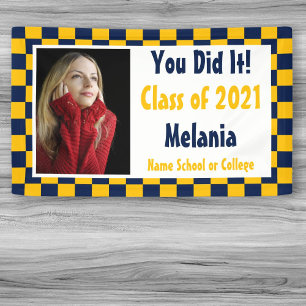 Navy Gold Chequerboard Photo Graduation Banner