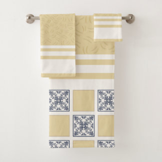 Navy & Gold Chequered Tile Pattern | Elegant Geome Bath Towel Set