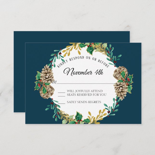 Navy Gold Christmas RSVP Red Holly Leaf Wreath Invitation (Front/Back)
