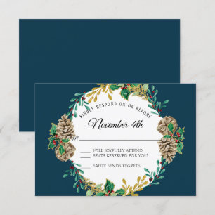 Navy Gold Christmas RSVP Red Holly Leaf Wreath Invitation