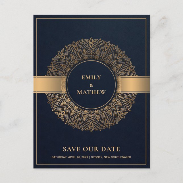 NAVY GOLD CLASSIC ORNATE MANDALA SAVE THE DATE ANNOUNCEMENT POSTCARD (Front)