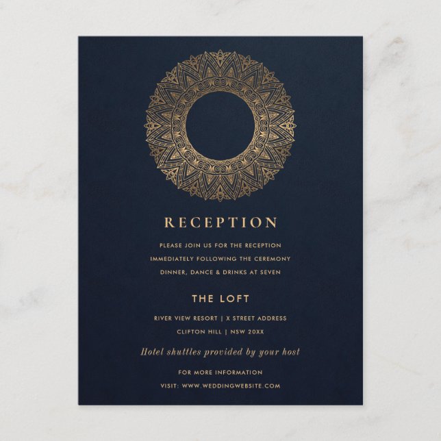 NAVY GOLD CLASSY ORNATE MANDALA WEDDING RECEPTION ENCLOSURE CARD (Front)