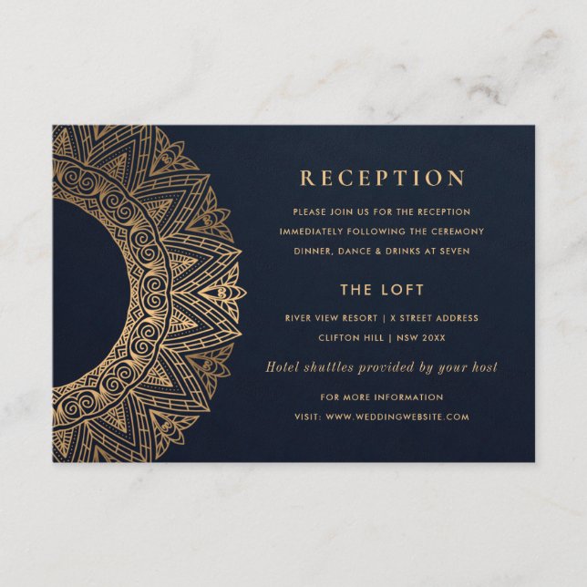 NAVY GOLD CLASSY ORNATE MANDALA WEDDING RECEPTION ENCLOSURE CARD (Front)