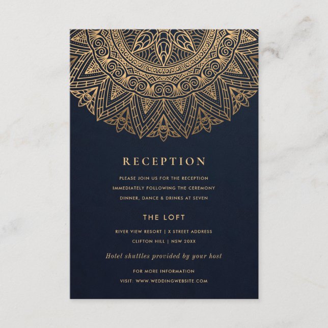 NAVY GOLD CLASSY ORNATE MANDALA WEDDING RECEPTION ENCLOSURE CARD (Front)