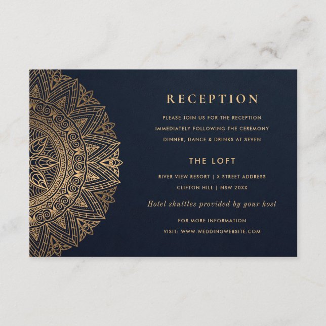 NAVY GOLD CLASSY ORNATE MANDALA WEDDING RECEPTION ENCLOSURE CARD (Front)