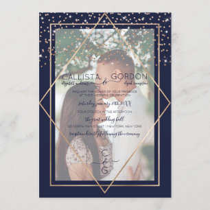 Navy Gold Confetti Geo Border Photo Wedding Invitation