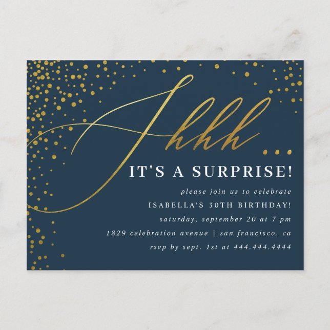 Navy & Gold Confetti Script Surprise Party Invitation Postcard (Front)