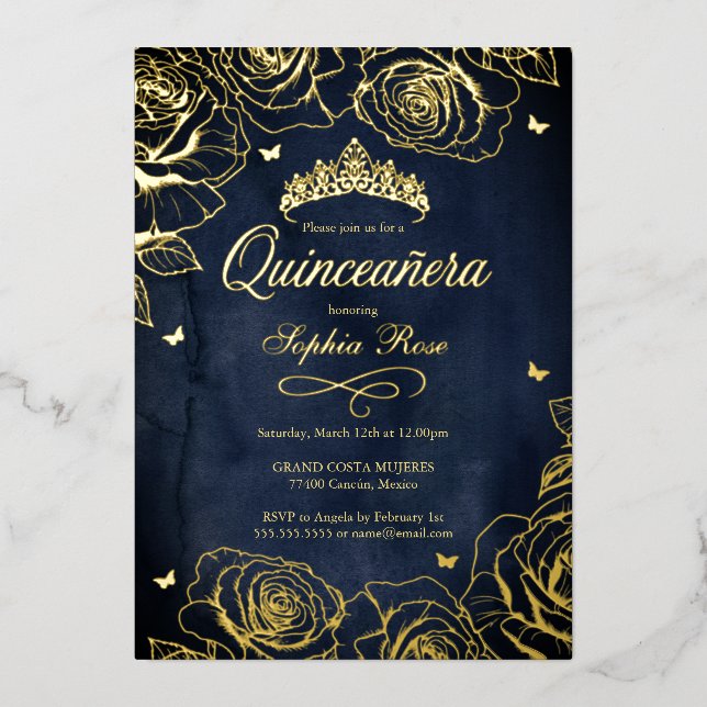 Navy Gold Crown Roses Theme Quinceanera  (Front)
