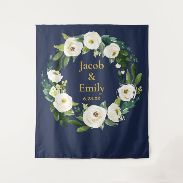 Navy Gold Custom Wedding Photo Booth Backdrop Prop Tapestry (Front)
