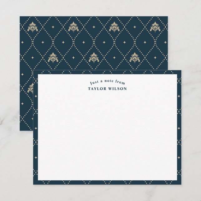 Navy & Gold Damask Lattice Personalized Card (Front/Back)
