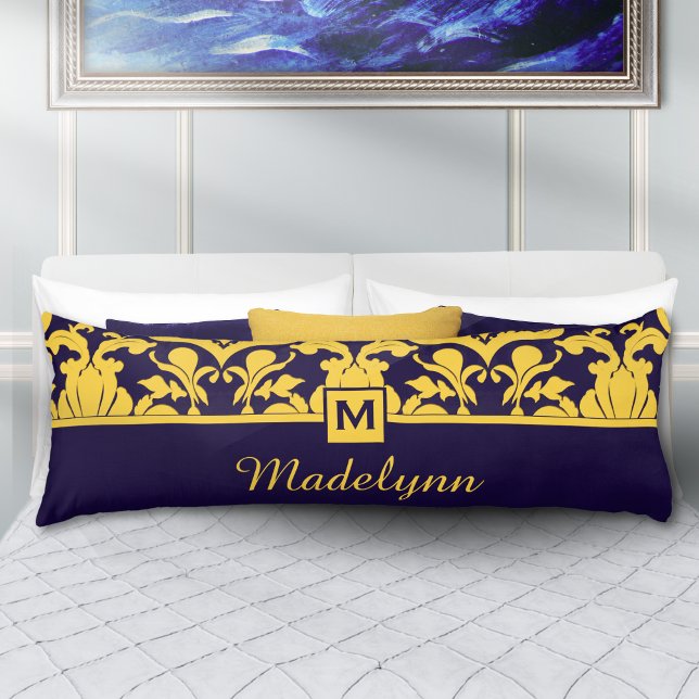 Navy Gold Damask Monogram Personalized Name  Body Pillow (Creator Uploaded)