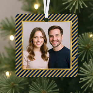 Navy & Gold Diagonal Stripe Frame Photo Christmas Metal Ornament