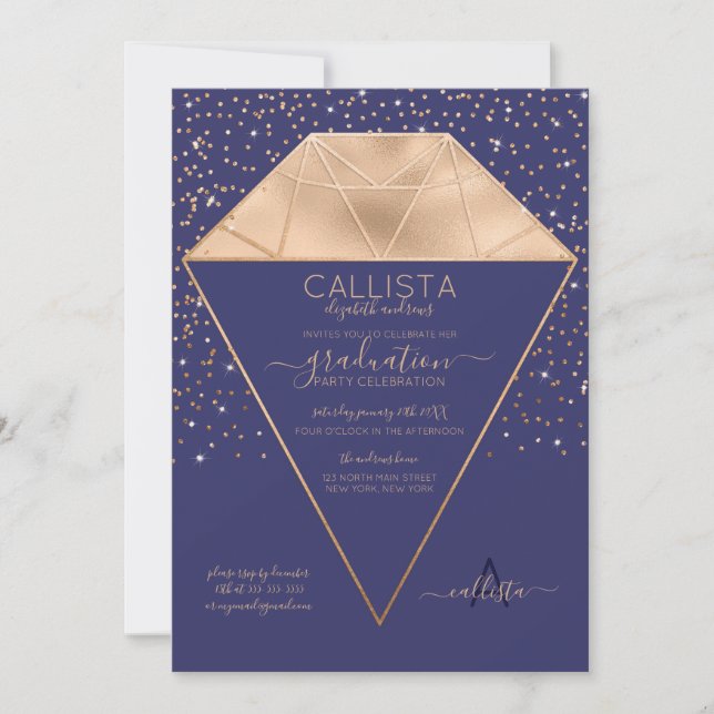 Navy Gold Diamond Confetti Glitter Graduation Invitation (Front)