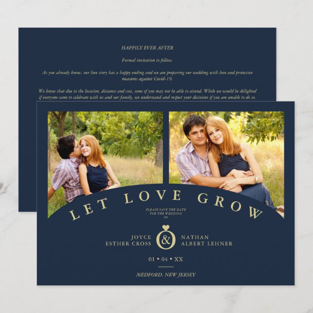 Navy Gold Elegant 2 Photos let Love Grow Wedding (Front/Back)